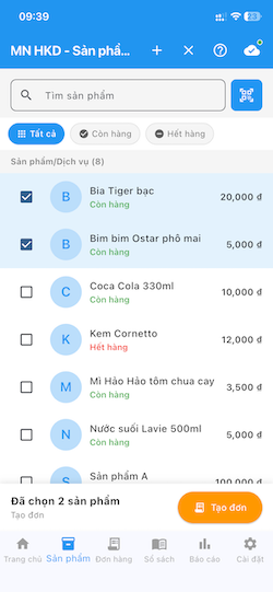 Màn hình tạo đơn hàng từ sản phẩm